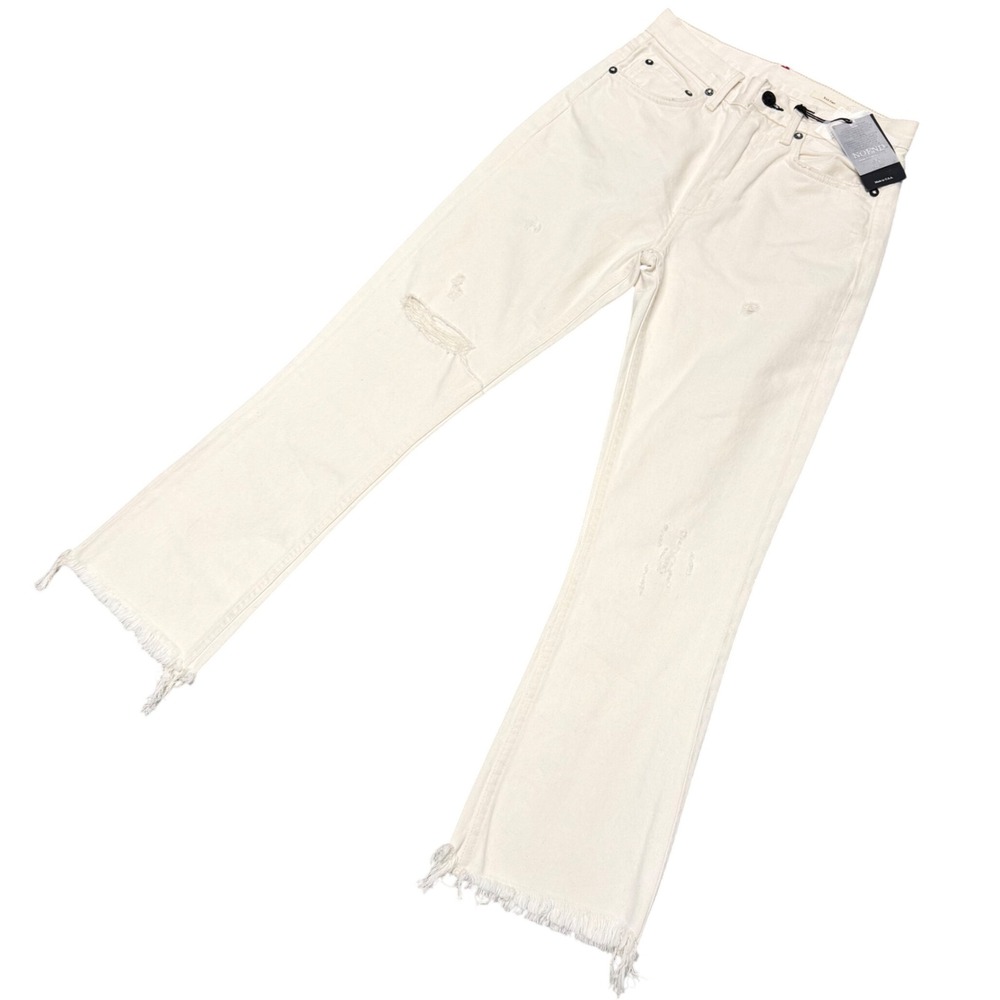 NOEND Denim Womens Kick Flare Jeans 25 Ivory White Distressed Raw Hem USA Made